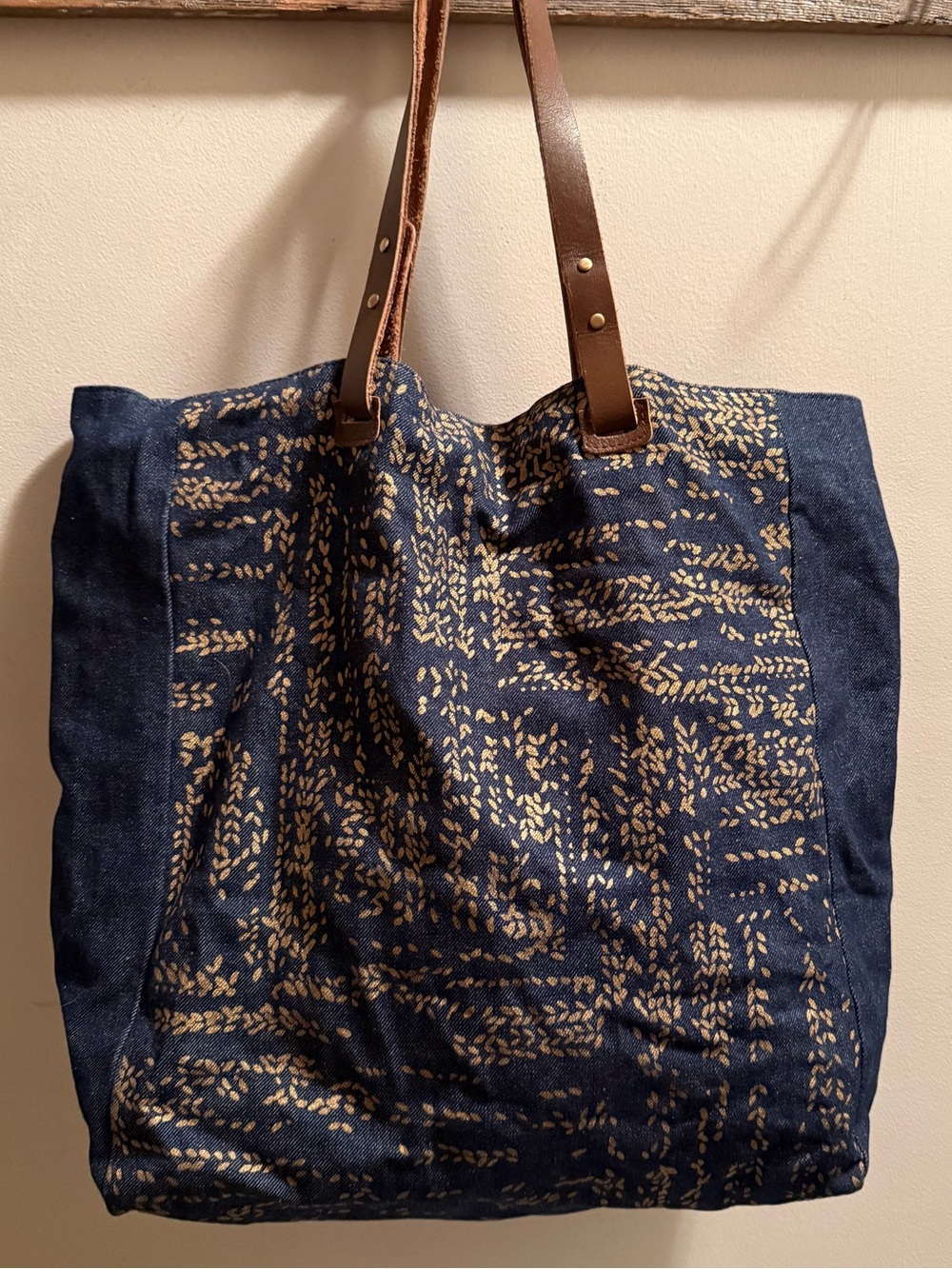 Navy Printed Canvas Tote with Brown Leather Straps